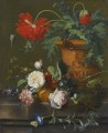 A Stillleben OF POPPIES IN A TERRACOTTA VASE ROSES A CARNATION AND OTHER FLOWERS Jan van Huysum